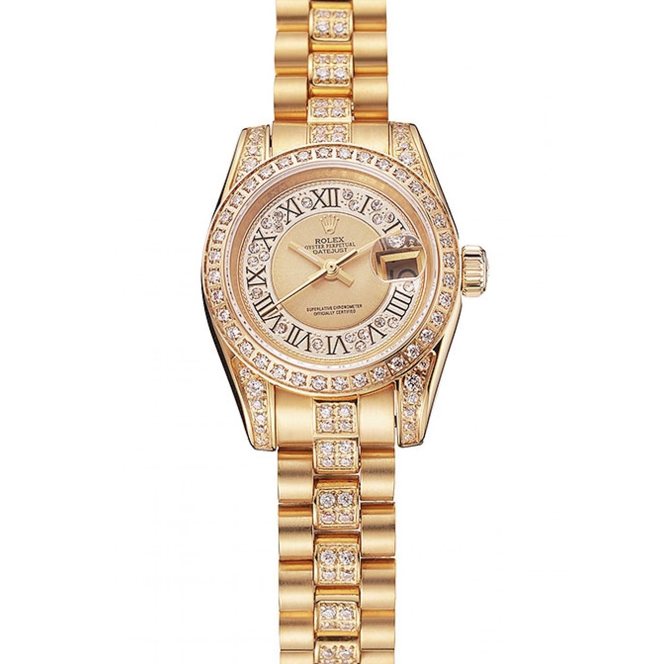 Aaa replica Rolex DayJust Pave Diamond Dial Gold Diamond 1453953 Gold Bracelet Swiss 0705